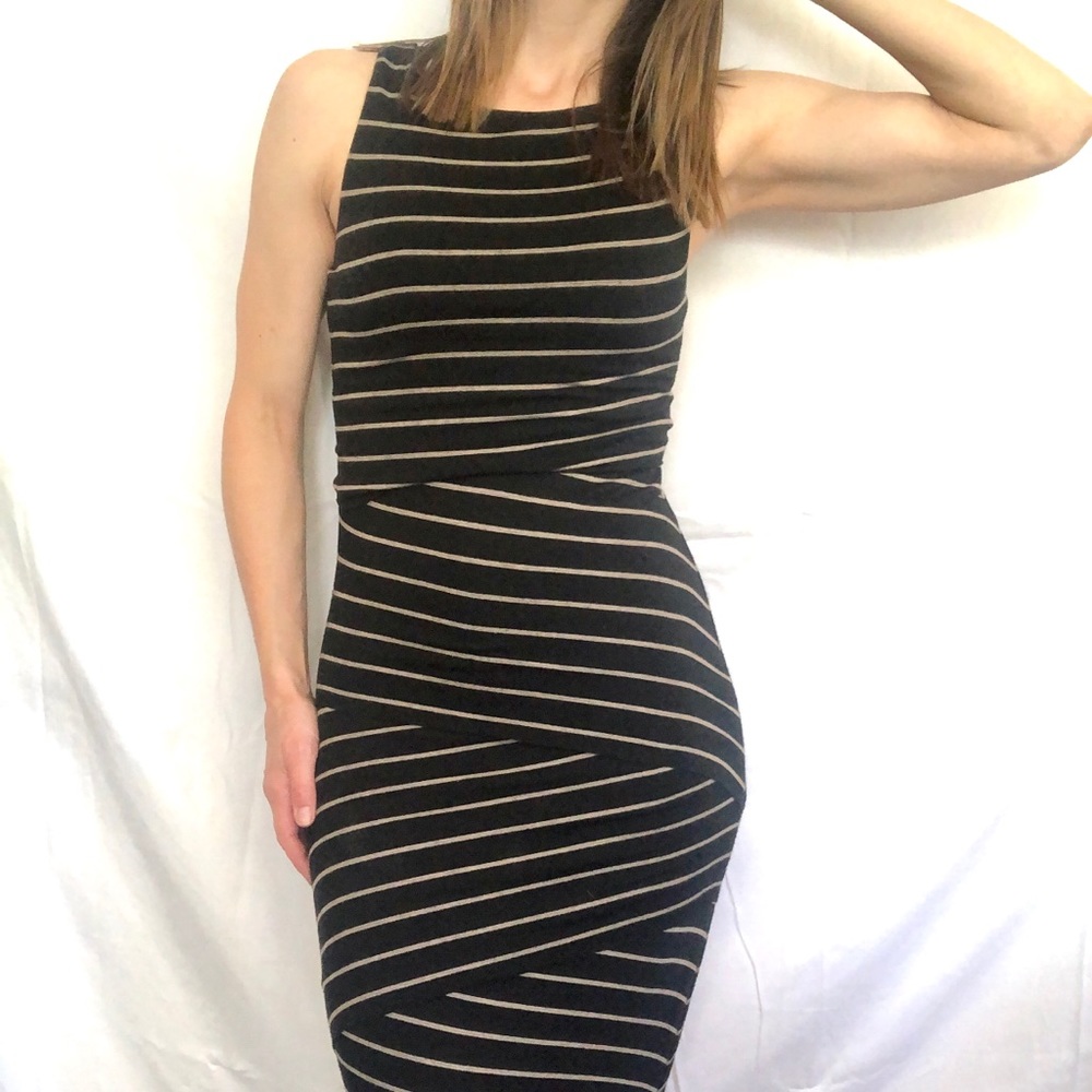 Anthropologie bodycon midi column stretch black tan stripe dress size XS